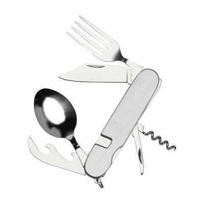 China 6 Function Camping Utensil Fork Knife Spoon Bottle Opener Set Foldable Stainless Steel Silverware Spork For Travel Increasing Survival for sale