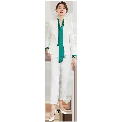 China Latest Anti-Wrinkle Manufacturer Low MOQ OEM Custom Office 2 Piece Set Women Polyester White Solid Design Lady Work Formal Wear Suit for sale