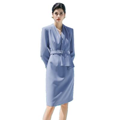 China Anti-static Asymmetric Designed Blue Collar Belt Lady Dress Elegance Formal Polyester Fabric Woman Dress for sale