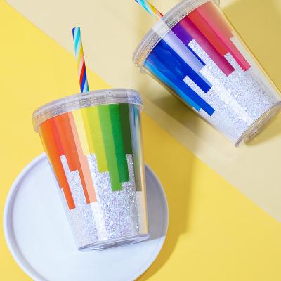 China Drinking Tumblers Twinkle Plastic Creative Colorful Creative Gift Sustainable Double Wall With Rainbow Straw for sale