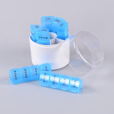 China Eco-friendly Round Plastic Shell Pill Box 28 Grids One Week Pill Organizer Medicine Box MM-PB068 for sale