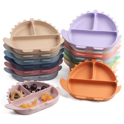 China BPA Free Eversoul  New Arrival Bpa Free Silicone Babies Cute Animal Dinosaur Suction Plate Dinner Plate Kids Dishes for sale