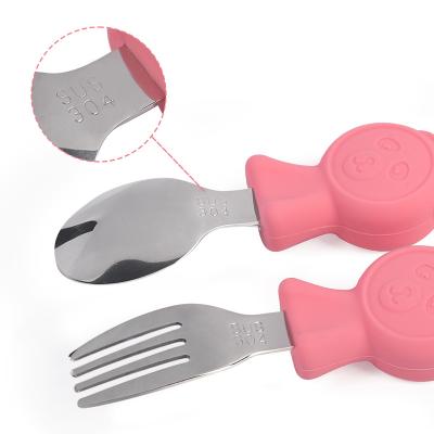 China BPA Free Eversoul New Design 100% Food Grade Kids Silicone Handle Stainless Steel Feeding Tools Silicone Baby Mini Fork Spoon Set for sale