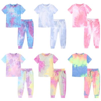 China New Arrival Unisex Tie Dye Long Sleeve Kids Clothing Girls Tie Dye Two Piece Set Baby Clothing Color Block Pajamas Pyj KT001 for sale