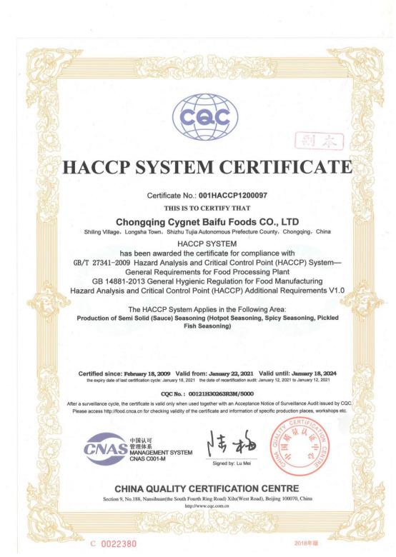 HACCP - Chongqing Cygnet Baifu Foods Co.,ltd.