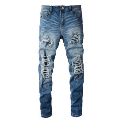 China Viable Hot Sale AIPA Custom Mens Vintage Denim Blue Knee Distressed Hip Hop Washed Pants Ripped Stacked Jeans for sale