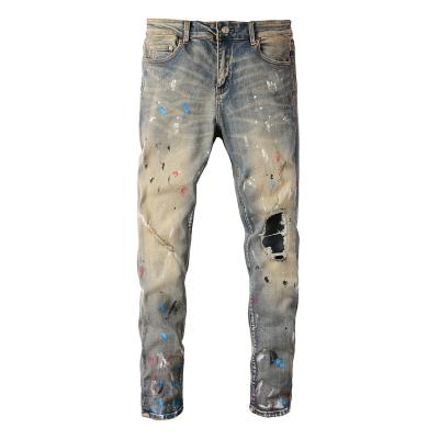 China 2023 viable vintage ripped jeans patch streetstyle stretch mens fitted jeans graffiti rainbow trend jeans for sale