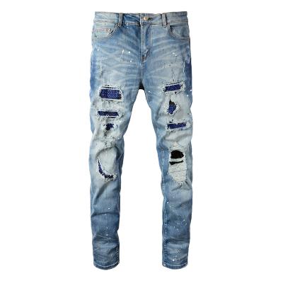 China AIPA Viable Wholesale Drop Ship Men Ripped Faux Stone Designer Splash Spatter Painted Slim Denim Jean Pant for sale