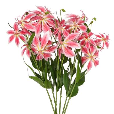 China Fast Shipping Transitional 3D Valentines Day Gift Printing Beautiful Flame Lily Eal Touch Silk Lilium Artificial Flame Gloriosa Lily Flower for sale