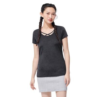 China Anti-Wrinkle Women's Short Front Bow Design Edge Round Long Back Neck Overlaying Short Sleeve T-Shirt for sale