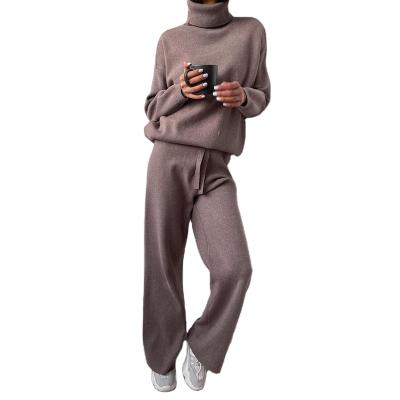 China New arrivals lazy suit women's fashion turtle neck loose long-sleeved sweater elegant anti-pilling autumn knitted two-piece wide-leg pants for sale