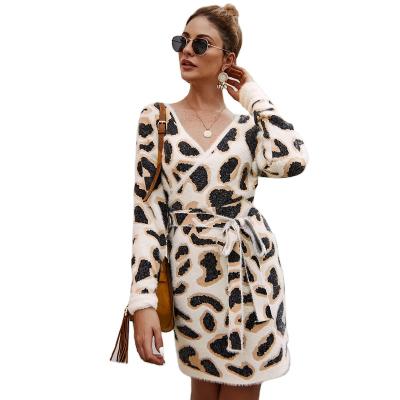 China 2021 autumn winter ladies anti-wrinkle v-neck factory outlet dresses with leopard print jacquard belt long sleeve sweater knitting dress for sale