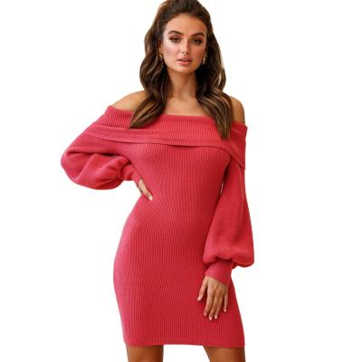 China Anti-Wrinkle Amazon Hot Sale Women Winter Dresses Long Sleeve Ribbed Ladies Lantern Sleeve Knitted Sweater Dress Strapless One Piece Tight for sale