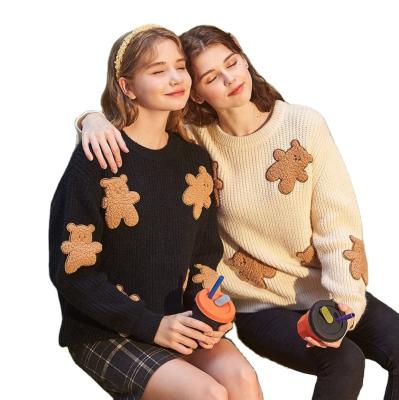 China high quality anti-wrinkle spring autumn winter pure all colors computer knitting cute loose half bear Toy Warm Girls Sisters O-neck Sweaters for sale