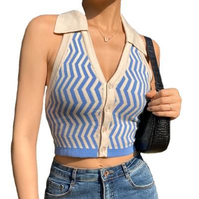 China Anti-wrinkle Hot Women's Girl News Shorts Halter Tops Retro Striped Knitted Sleeveless Straight Knitted Halterneck Tops Sweater Vests for sale