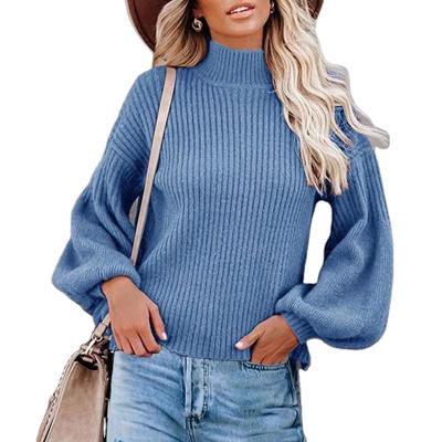 China 2021 New Anti-Wrinkle Knitwear Knitwear Half-Turtleneck Knitting Sweaters Solid Women's Slim Fit Casual Loose Lantern Sleeve Women's Sweater for sale