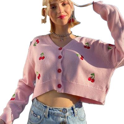 China Cherry Embroidered V-Neckline Fashion Button Coat Autumn Long Sleeve Custom Casual Loose Short Knitted Cardigan Sweater Women for sale