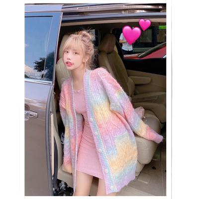 China Anti-wrinkle factory wholesale custom new female colorful gradient sweater coat with pockets long sleeve rainbow knit cardigan women for sale