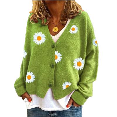 China 2021 Autumn Factory New Ladies Anti-Wrinkle Custom Made Upper V-Neck Jacket Small Daisy Flower Long Sleeve Women's Sweater Knitting Cardigan for sale