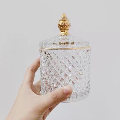 China New Home Decoration Geometric Cut Scent Luxury Plate Frosted Glass Holder Vintage Candle Jar With Lid for sale