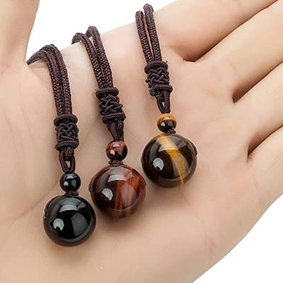 China TRENDY Hot Selling Men Necklace Handmade Weave Tiger Eye Stone Round Bead Natural Crystal Stone Pendant Necklace for sale