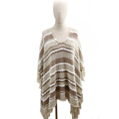 China Plaid Knitted 100%Polyester Stripe Poncho Shawl Sweater For Women for sale