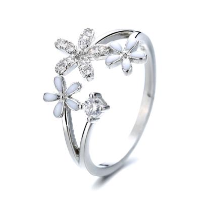 China 2021 Hot Selling Central Institute of Statistics Ring Romantic Flower Ring Micro Pave Adjustable Flower Ring Dainty Flower Shape Silver CZ Ring For Women for sale