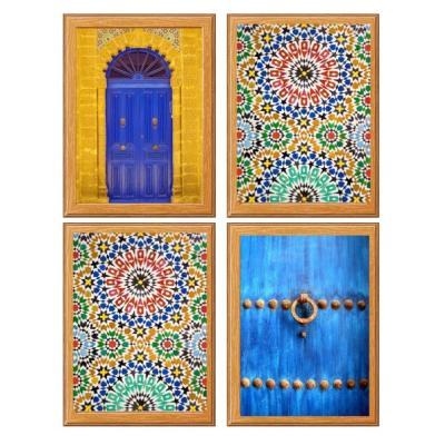 China Classic Arabic Door Architecture Poster Set of 4 Boho Print Moroccan Tile Wall Art Blue City Arabic Door for Home Decor for sale