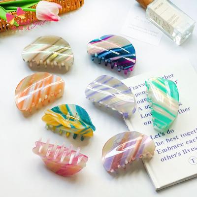 China Stylish INS women hair accessories BELLEGIRL hair claw accessories in stock colorful stripe Acetate PVC fashion semicircle imitation hair claws for sale