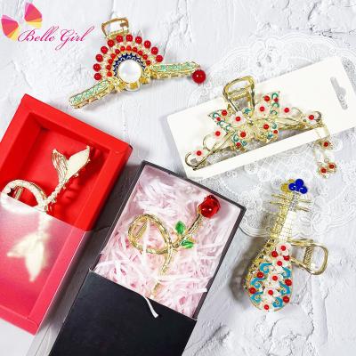 China Hair accessories/custom card ponytail BELLEGIRL 2022 hair and popular box package diamond hair bridle accessories sparkle rhinestone metal hairclaw clip for sale