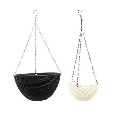 China Eco-friendly White Black Rattan Decorative Plastic Planter Flower Pots Hanging Baskets for sale