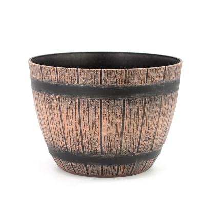 China Eco - Friendly Indoor Outdoor Small Plastic Imitate Wooden Barrel Flower Plant Pot for sale