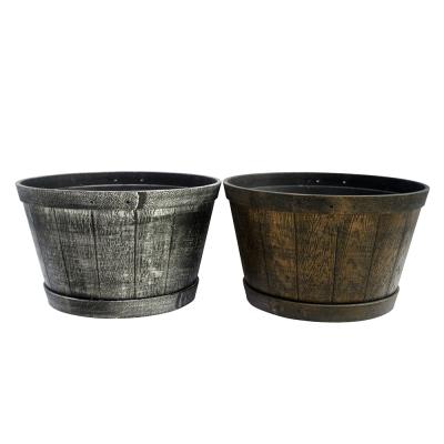 China Eco - Friendly Round Wooden Imitated Plastic Barrel Flower Plant Pots For Garden for sale