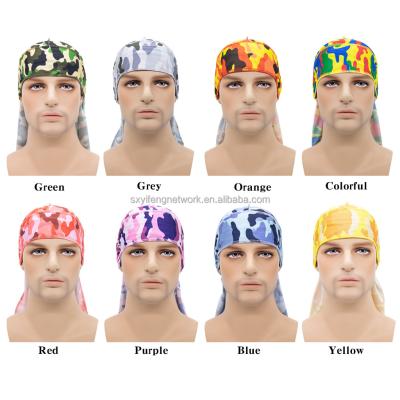 China Multifunctional Customize Logo Camouflage Printed Durags Long Tail Spandex Knit Headband Cheap Bandana Durags for sale