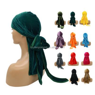 China Designer Headbands And Bonnets Multifunctional Velvet Durag For Women Mens Velvet Long Tail Pirate Hat Ribbon Wape Hooded Headwraps for sale