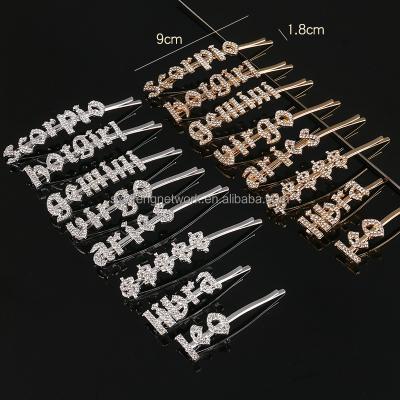 China Fashion Wholesale Zodiac Signs Letters Word Bling Fashion Hair Pin Alloy Sparkle Rhinestone Clip Custom Hairpin For Girls Accessories for sale