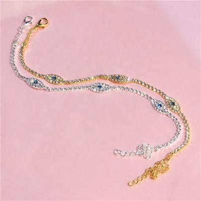 China Trendy Trendy Gold Silver Plated Blue Turkish Eyes Charm Anklets For Women Rhinestone Crystal Ankle Bracelet for sale