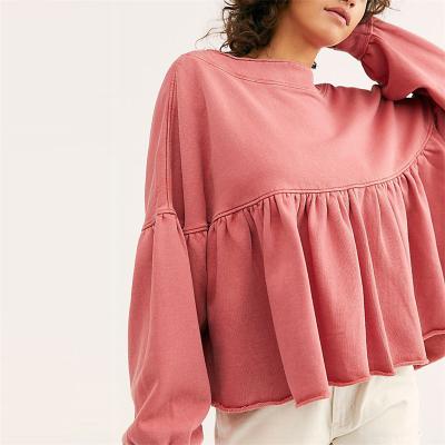 China 2021 Anti-wrinkle low MOQ streetwear fairy ruffle 100% cotton drop shoulder tiered drop silhouette jumper oversized sweatshirt for sale