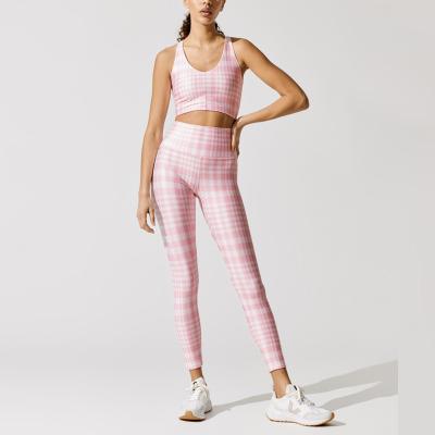 China 2022 Active Wear Print Pink Plaid Digital Fitness Breathable Set Yoga Fitness Suit Clothing Breathable Tight Sportswear for sale