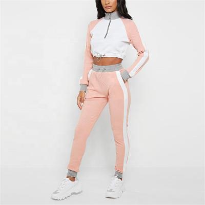 China 2021 OEM Fit Breathable Ribbed Striped Slim Zipper Up Crop Hoodies Sweat Suits Pink Set Top Sweatsuits for sale