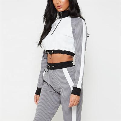 China OEM 2021 Breathable Ribbed Striped Slim Fit Zipper Up Crop Hoodies Sweatsuits xs Top Apparel Fitted Sweat Suit for sale