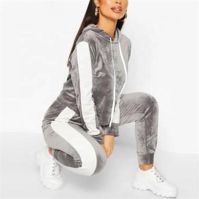 China Women 2021 Custom Matching OEM VelorTracksuit Velvet Sweat Suits Breathable Side Striped Crop Top Jogger for sale