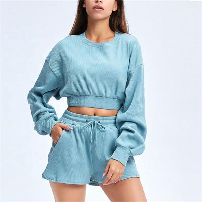 China 2021 OEM Breathable Wholesale Long Sleeve Sweatshirt Customizable Two Piece Sweat Suit Shorts Sets For Women for sale