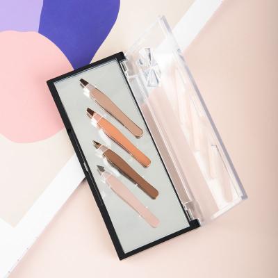 China Commerical Durable 4pcs Custom Portable Mini Eyebrow Tweezers Set With Exquisite Mirror Beauty Tools Eyebrow Tweezers Set for sale