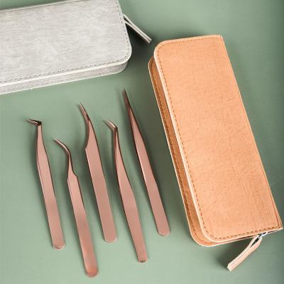 China Portable High Quality Stainless Steel Lash Eyelash Extension Tweezers 5 PCs Set Rose Gold Tweezer Set for sale