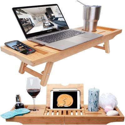 China Sustainable Natural Bamboo Bathroom Tray Bamboo Bathroom Vanity Tray With Foldable Legs And Non-slip Pads for sale