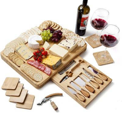 China 6pcs Viable Natural Bamboo Wine Tray Cheese Board With Wine Opener, Wine Stopper, 6 Cheeese Knives Tools for sale