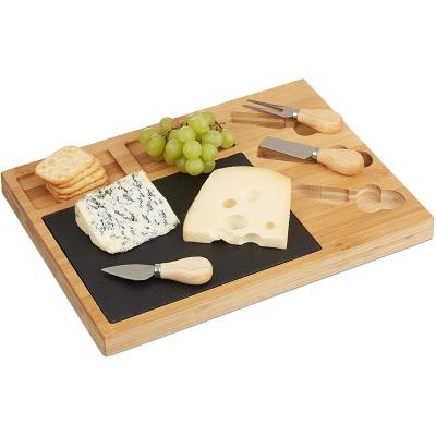 China Viable Elegant Design Serving Tray Bamboo Cheese Board With 3 Black Marble Slat Knife for sale