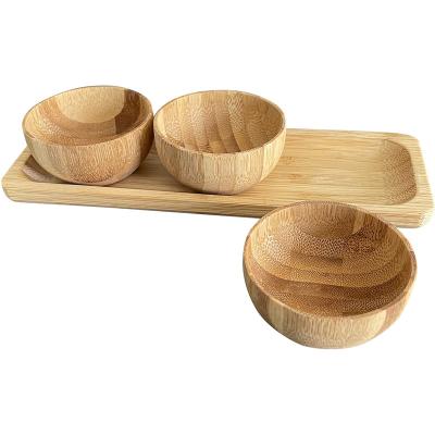 China Sustainable Kitchen Bamboo Tray Bamboo Tray With Three Serving Bowl For Appetizer Snack Nut for sale