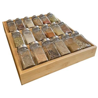 China 3 Tier Insert Kitchen Drawer Sustainable Bamboo Spice Rack Organizer with Glass Spice Jars for sale